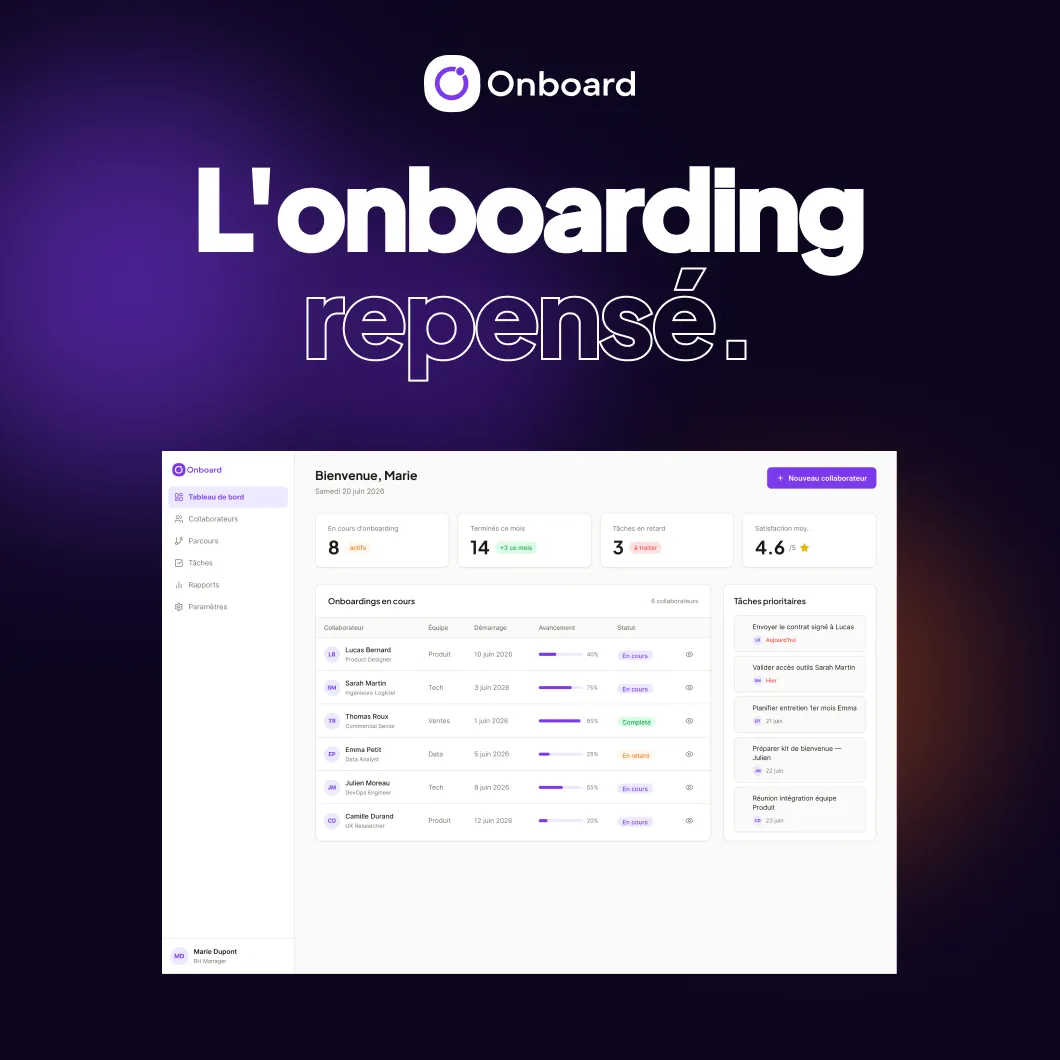 Interface UI UX d'une plateforme SaaS RH d'onboarding collaborateur<br />
avec timeline de parcours d'intégration, design system violet<br />
et dashboard de suivi RH