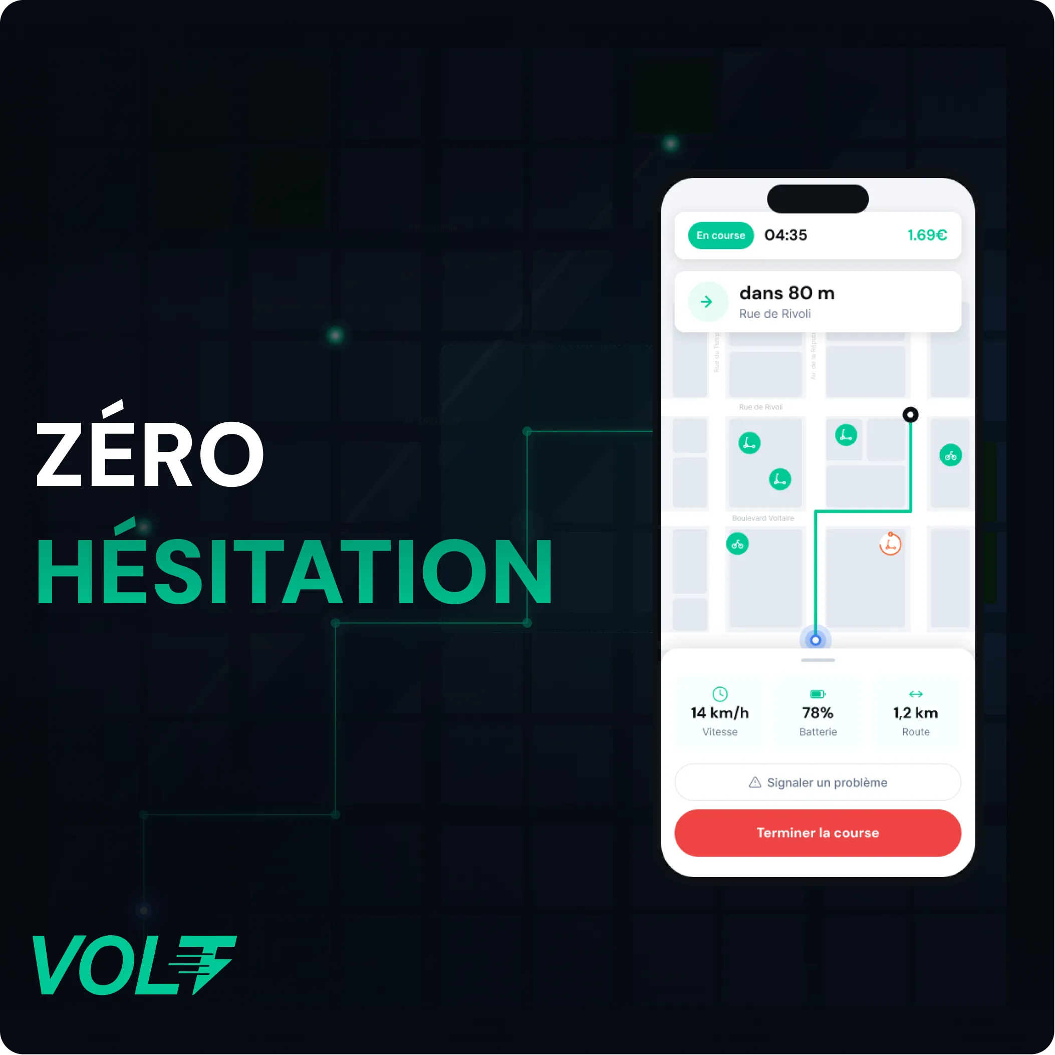 Interface UI UX d'une application mobile de mobilité urbaine<br />
avec carte de trottinettes électriques, scanner QR et design<br />
system vert optimisé pour usage extérieur