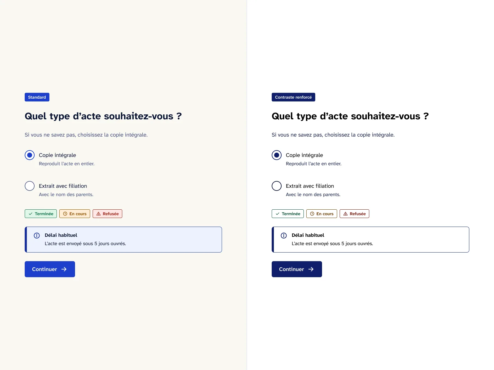 Le même écran de question en mode standard et en mode contraste renforcé, côte à côte