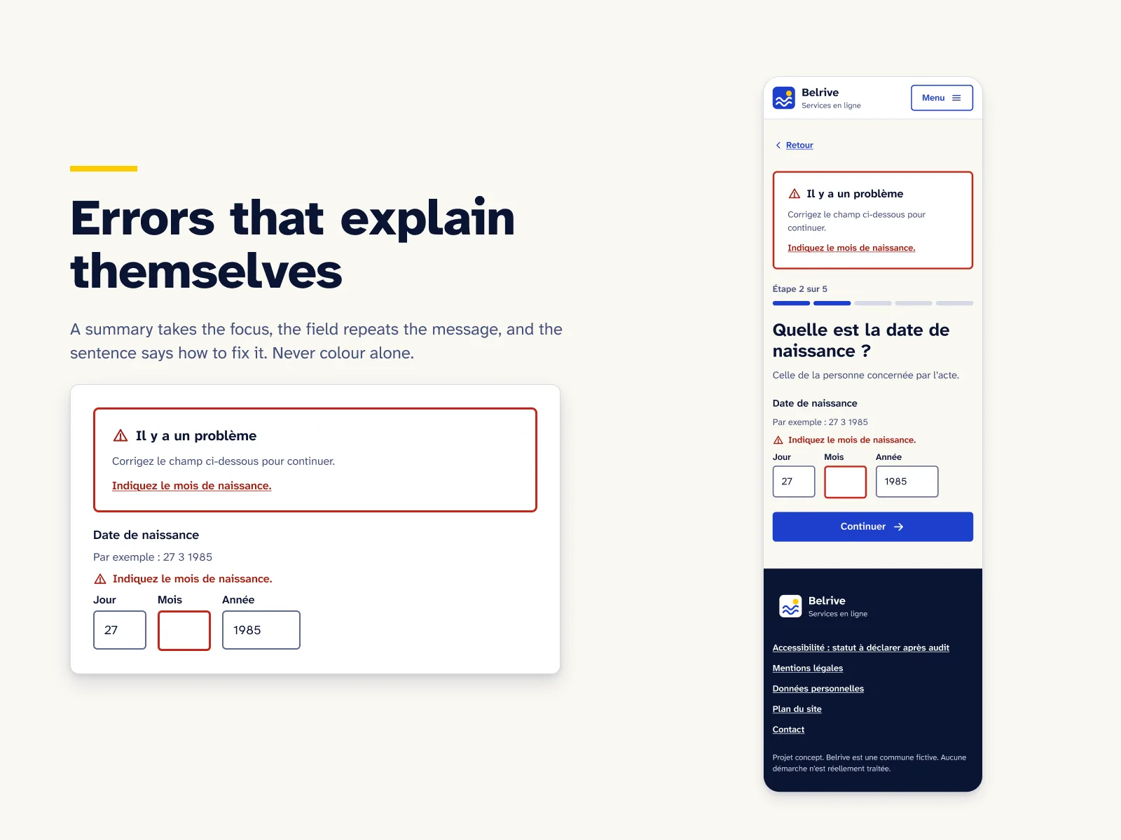Écran de question sur la date avec un résumé d’erreurs en tête de page et le même message répété sous le champ