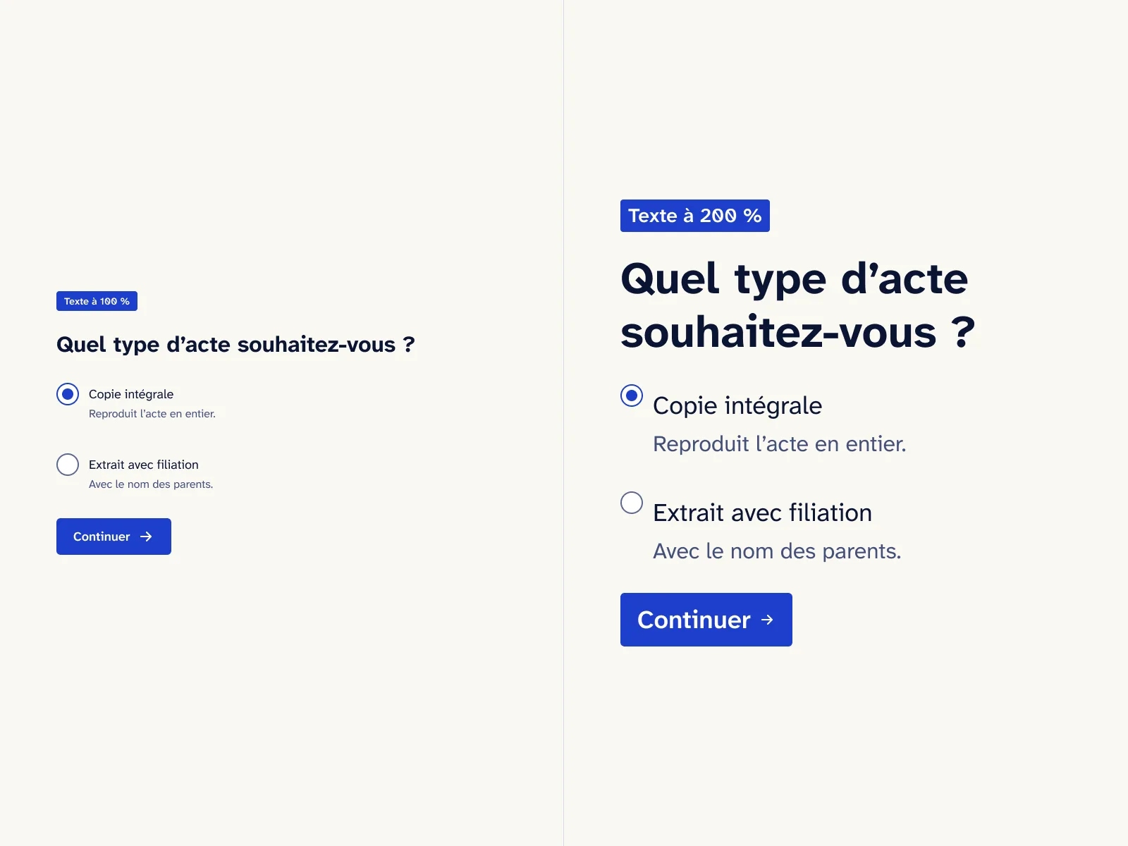 Le même écran de question avec le texte à 100 % puis à 200 %, la mise en page tient