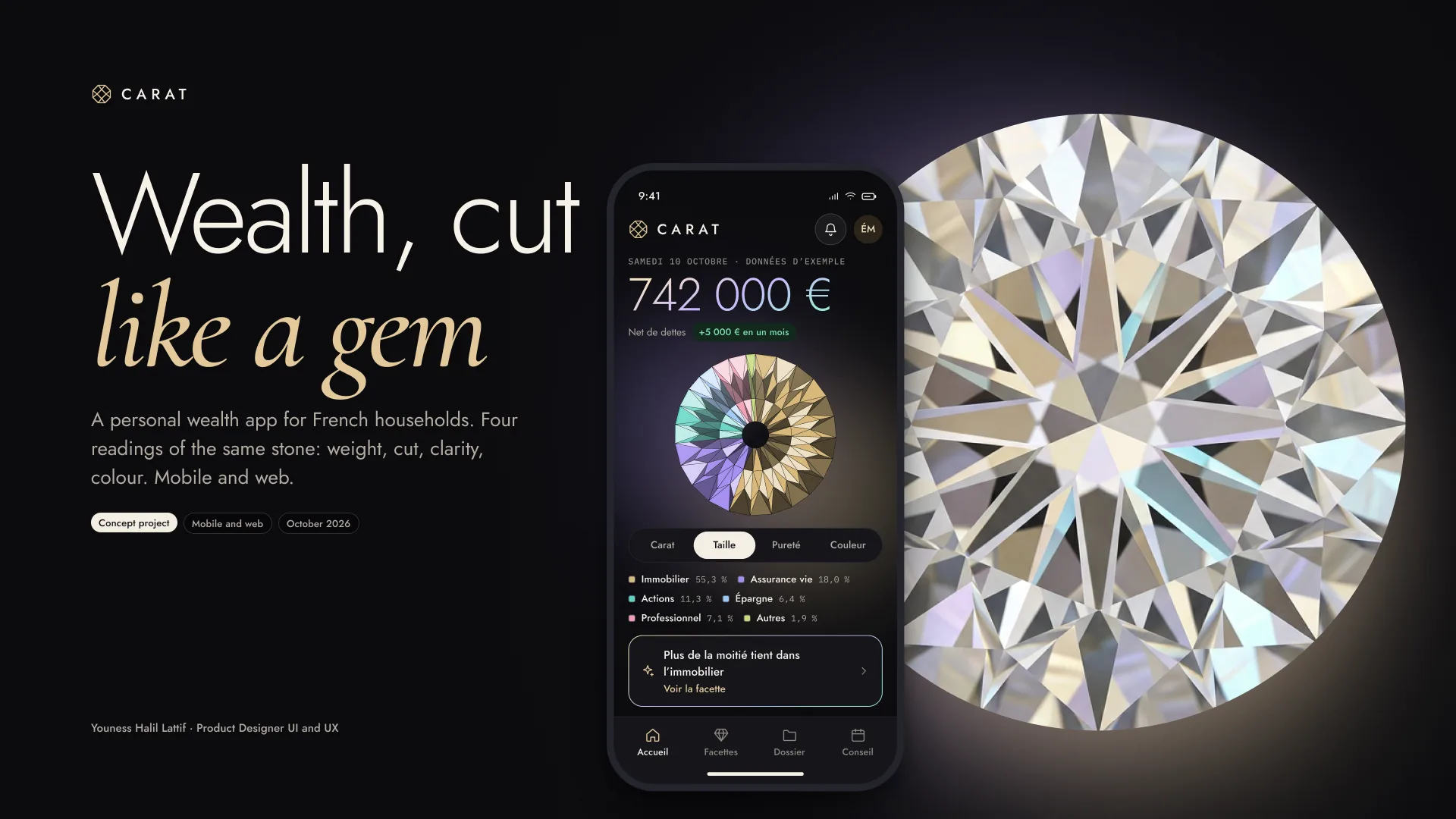 Carat, app de patrimoine pour les ménages, mobile et web (projet concept), vue d’ensemble