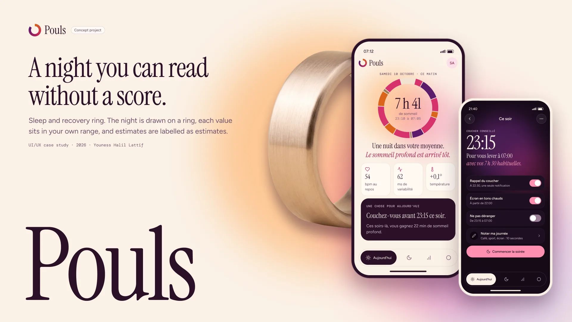Pouls, app d’une bague de sommeil et de récupération (projet concept), vue d’ensemble