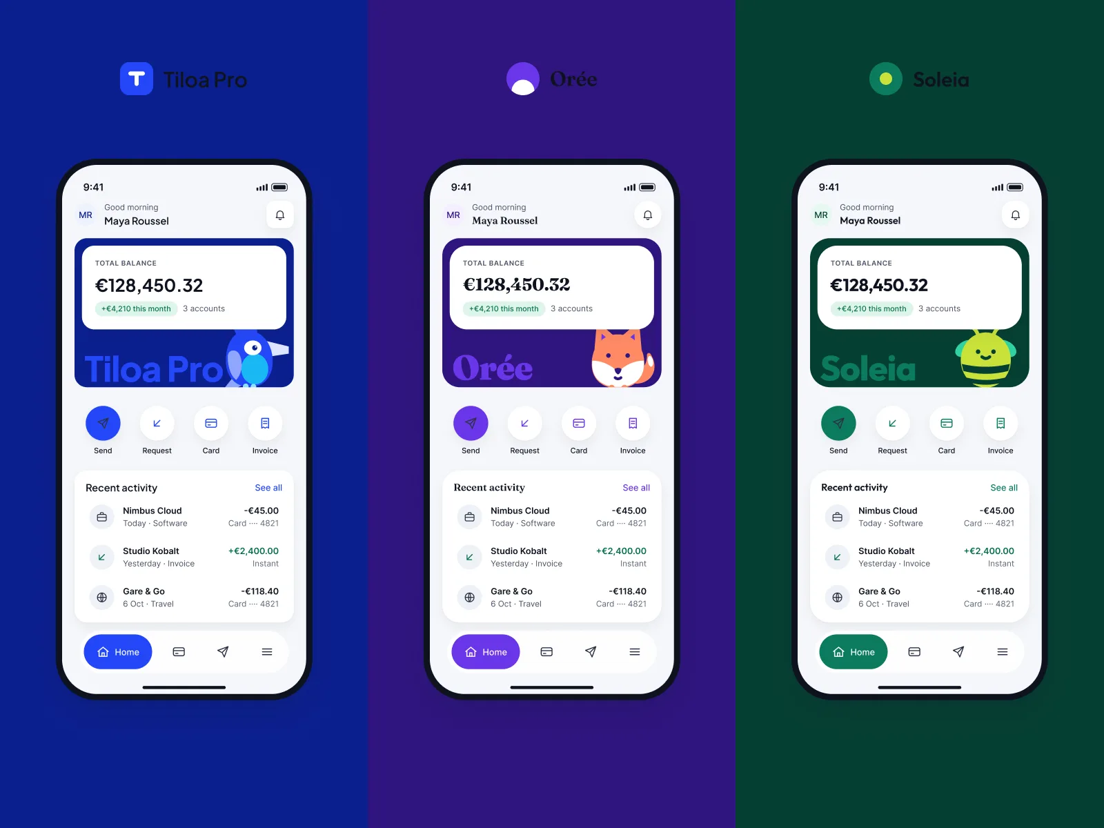 Les écrans mobiles Home, Card et Send money affichés dans les trois marques, au format 393 × 852