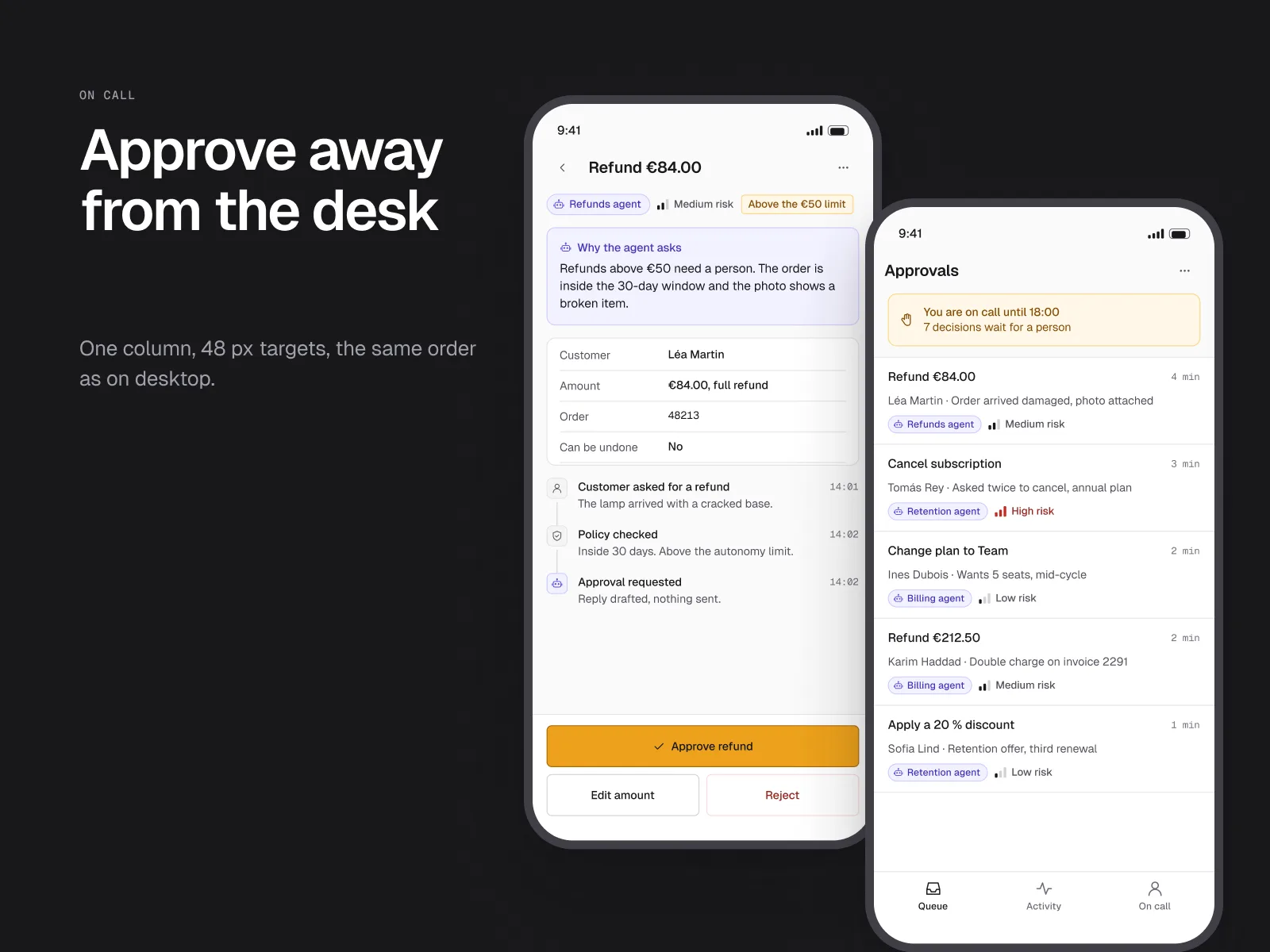 Écran mobile Approval de Vigie, en anglais : action proposée, raison, preuve et bouton Approve ambre sur un seul écran.